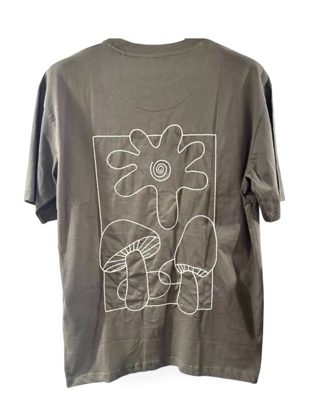 Embroidered Mushroom Olive Green T-Shirt Relaxed Fit Size Men’s Medium (NWT)